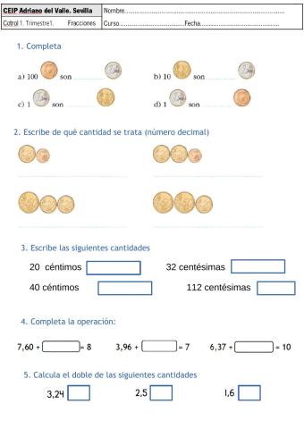 Control decimales 5º. Adaptado