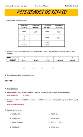 Práctica DECIMALES - QUINTO GRADO