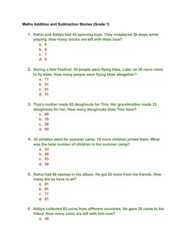 Addition and Subtraction Grade 1