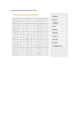 Sopa de letras sobre partes del cuerpo humano