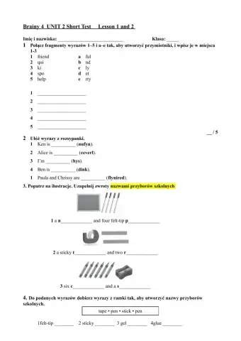 Brainy 4  UNIT 2 Short Test     Lesson 1 and 2