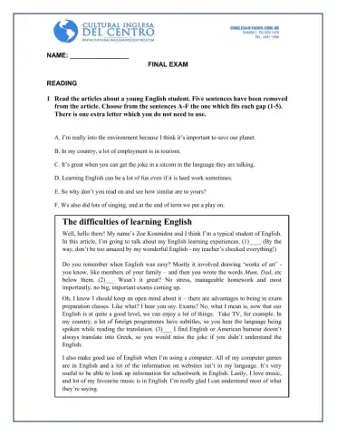 Final Exam -5th adol (READING)