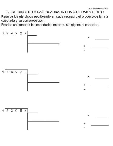 Ejercicios de raíz cuadrada