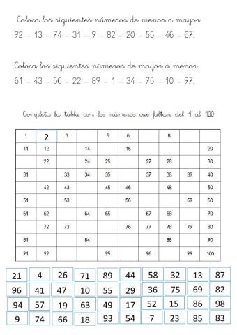 Mates. T-2.2 Repaso los números del 1 al 100