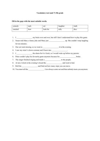 Vocabulary test on unit 7 (5th grade)
