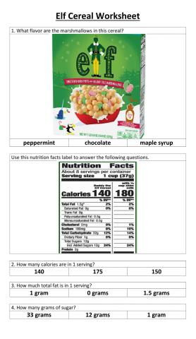Elf cereal worksheet