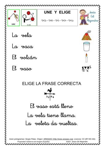 Une cada palabra con su dibujo y elige la frase correcta. VA VE VI VO VU minúsculas
