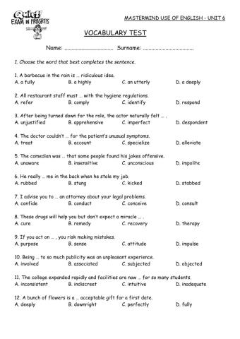 Mastermind Unit 6 Vocabulary Test