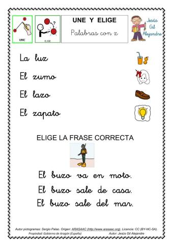 Une cada palabra con su dibujo y elige la frase correcta. za zo zu minúsculas
