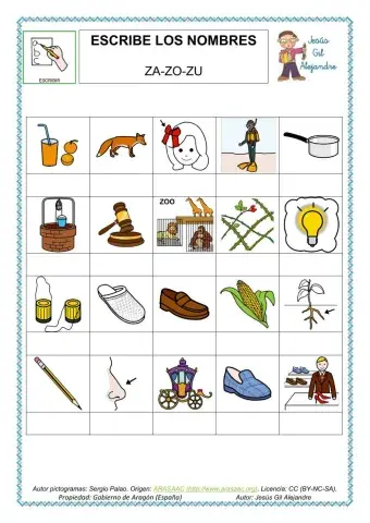 Escribe estas 20 palabras con za zo zu