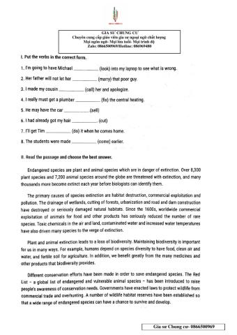 Lớp 12 - Kiểm tra 15 phút Unit 6,7