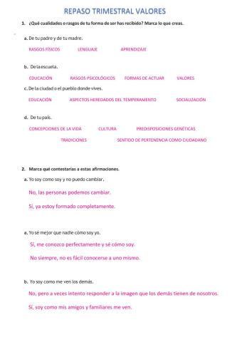 Repaso trimestral 5ºValores