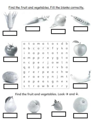 Word search and blanks, fruits vegies