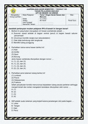 PAS I Tema 1 IPA Kelas 5 Tahun Pelajaran 2020-2021