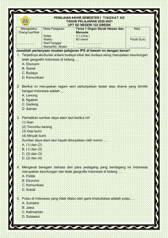 PAS I Tema 1 IPS Kelas 5 Tahun Pelajaran 2020-2021
