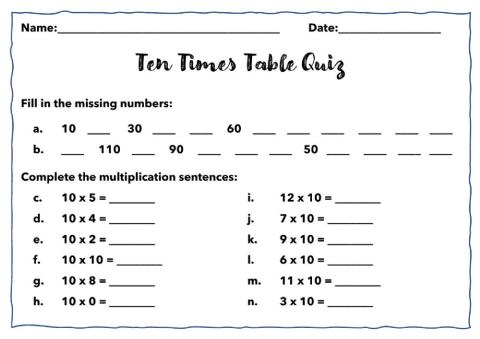 10 Times Table Quiz