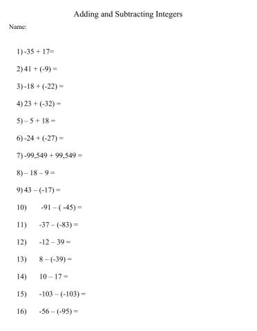 Adding and Subtracting Integers