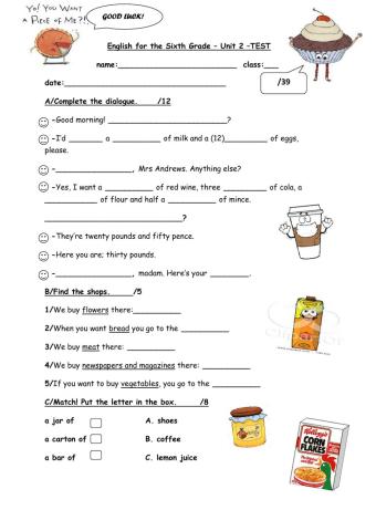 English for the Sixth Grade Unit 2 Test