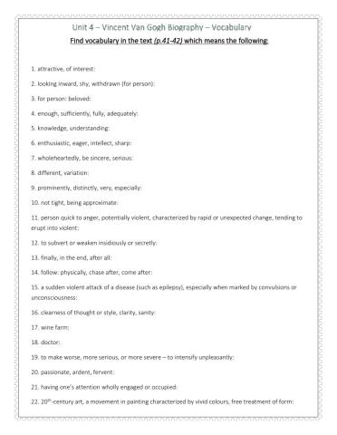 Vincent Van Gogh-Vocabulary Handout