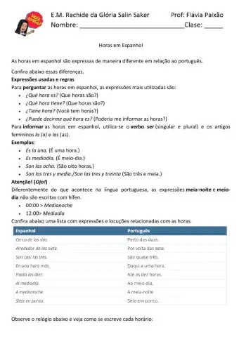 Las horas em espanhol