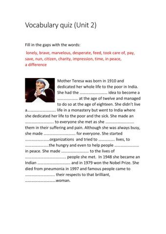 Unit 2 vocabulary quiz Mother Teresa