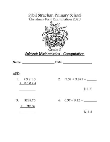 Sybil Stracchan Primary Computation Christmas Examination 2020