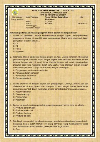 PAS I Tema 2 IPS Kelas 5 Tahun Pelajaran 2020-2021