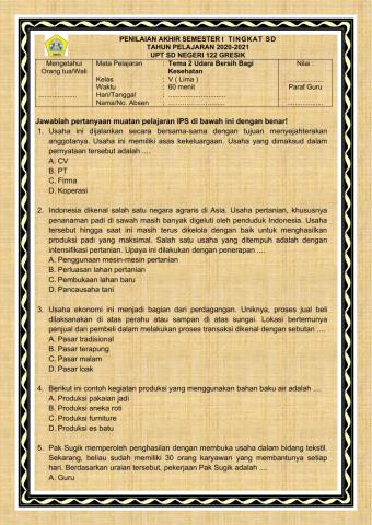 PAS I Tema 2 IPS Kelas 5 Tahun Pelajaran 2020-2021