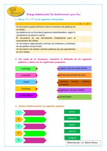 Trabajo individual del “Uso del diccionario” para 7mo