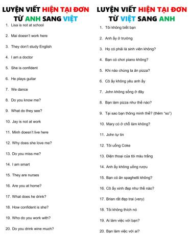 Luyện viết với Hiện Tại Đơn
