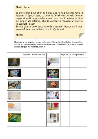 La chambre et les tâches ménagères