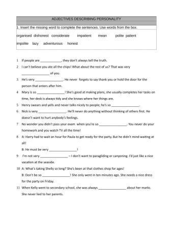 Adjectives describing personalitiy