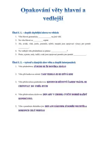 Pracovní list věty hlavní a vedlejší