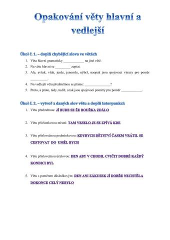 Pracovní list věty hlavní a vedlejší