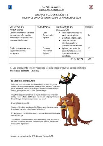 Diagnostico prueba D.I.A LENGUAJE 4°B