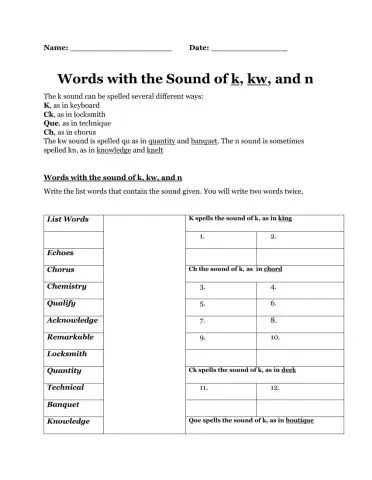 Words with the sound of k, kw, and n