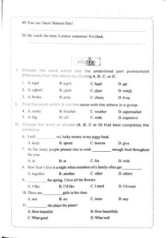 Bộ đề thi TA vào 6 - Đề số 3