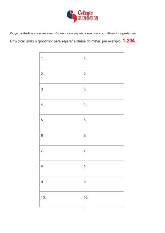 Ditado de números até unidade de milhar