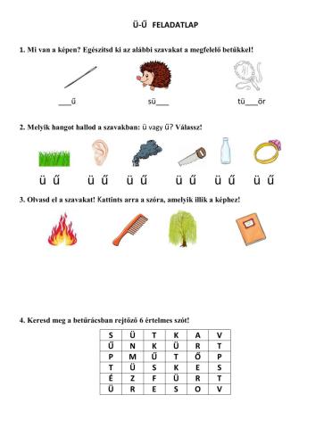 Ü Ű hangok és betűk - Feladatlap