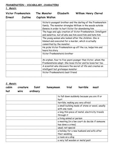 FRANKENSTEIN - Vocabulary, Chatacters