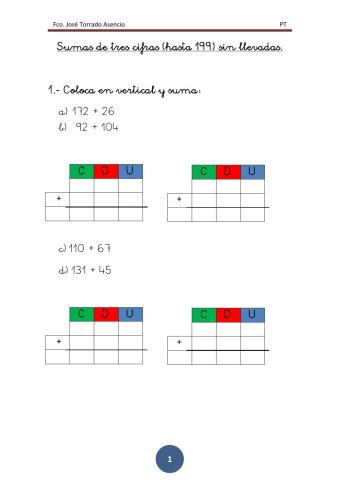 Sumas de 3 cifras sin llevadas hasta 199