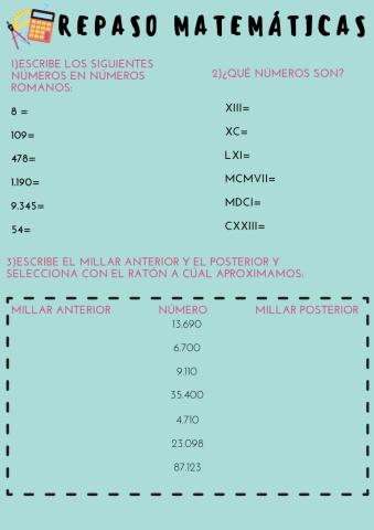 REPASO MATEMÁTICAS 4º EP: números romanos, aproximación y multiplicaciones