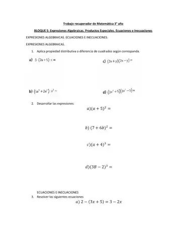 Bloque 5:Expresiones algebraicas. Productos especiales. Ecuaciones e inecuaciones