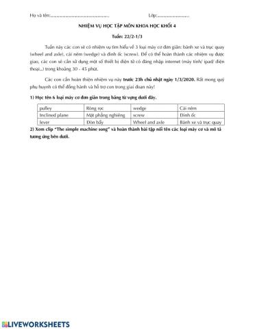 Nhiệm vụ môn khoa học tuần từ 24.2-1.3