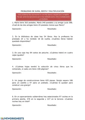 Problemas suma, resta y multiplicación