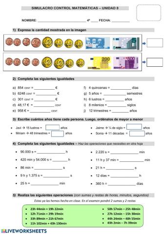 Modelo examen Unidad 8 matemáticas 4º Primaria