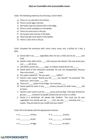Countable and uncountable nouns: quantifiers and containers for food