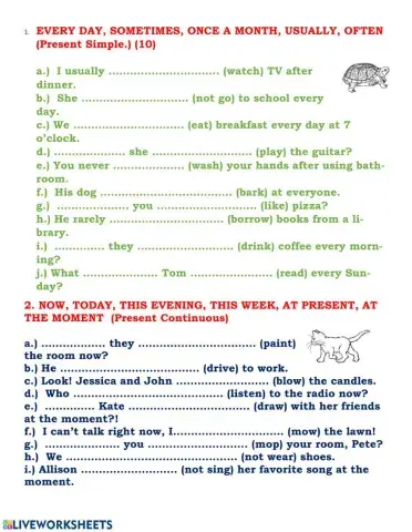 Present Simple and Continuous, Past Simple with regular verbs