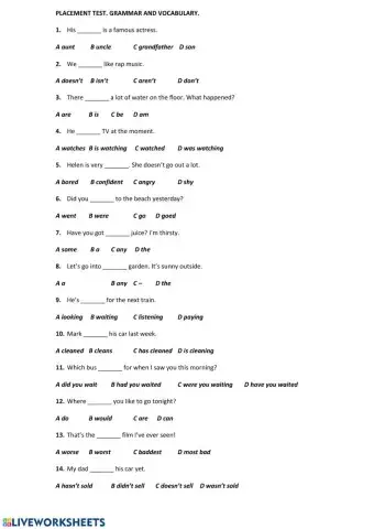 Placement test. Grammar and vocabulary.