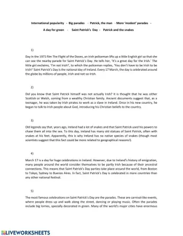 Reading comprehension  about Saint Patrick's Day
